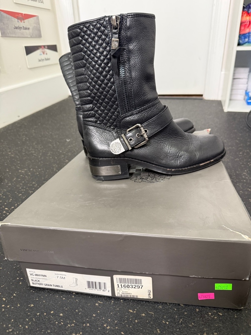 Vince Camuto Black Buttery Grain Tumble- Quilted Leather Ankle Boots with Buckle